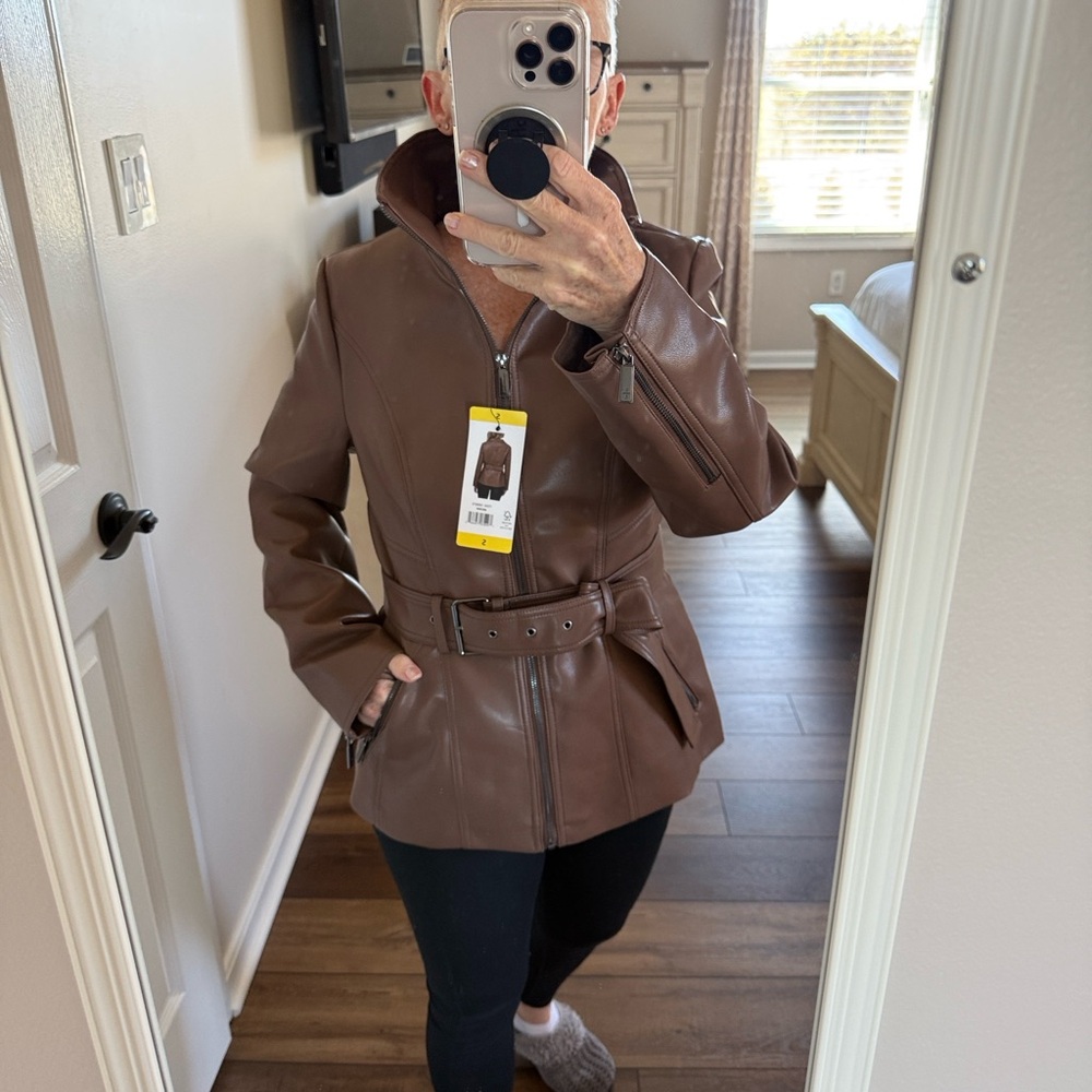 Kenneth Cole Brown Faux Leather Jacket with Belt